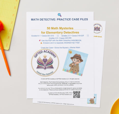 Math word problem mystery kit for grades K-5 with 5-step detective method and 50 practice problems